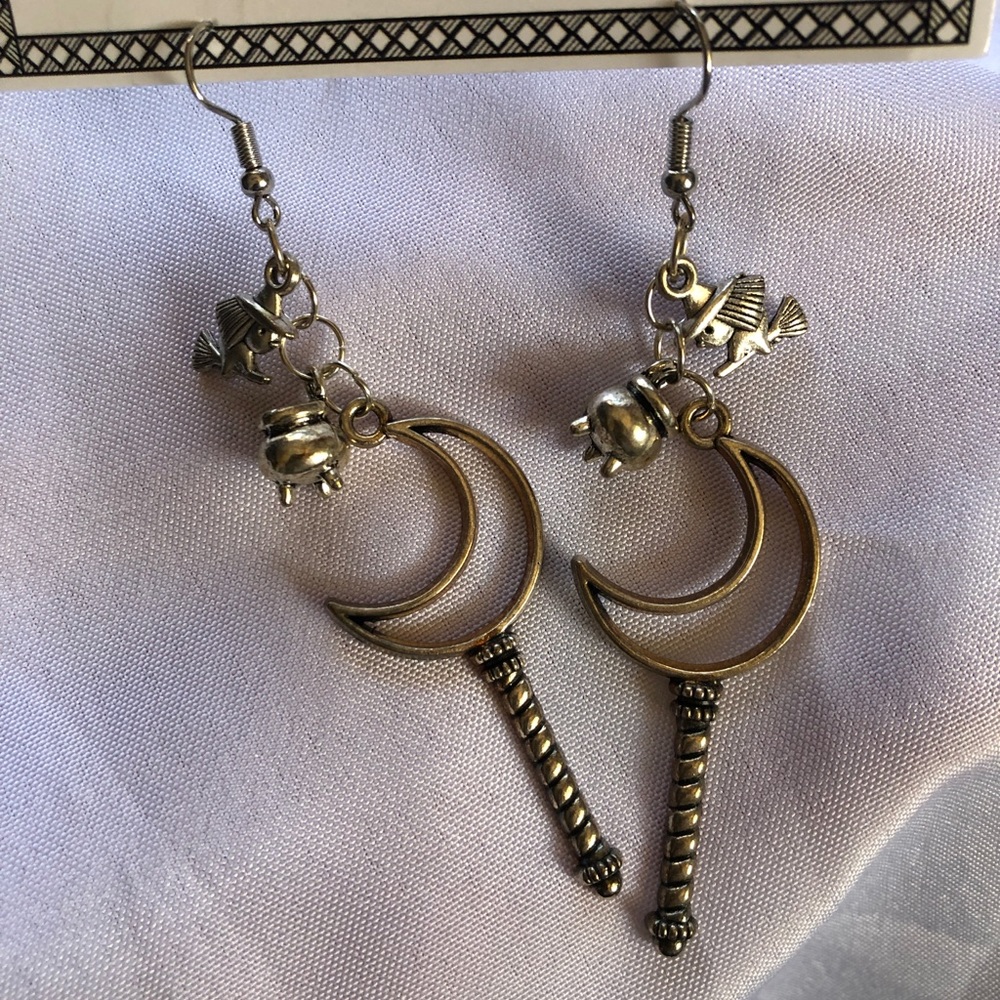 Wand and witch charm earrings